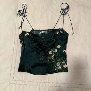 Reformation Silk Tank Top Green Pattern with Ties